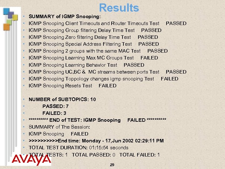 Results • • • SUMMARY of IGMP Snooping: IGMP Snooping Client Timeouts and Router