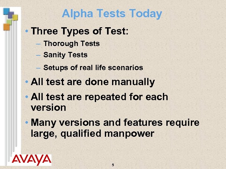 Alpha Tests Today • Three Types of Test: – Thorough Tests – Sanity Tests