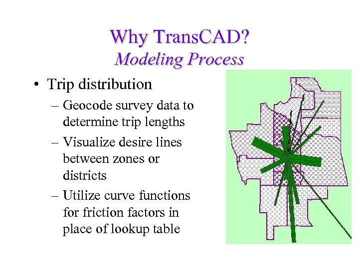 Why Trans. CAD? Modeling Process • Trip distribution – Geocode survey data to determine