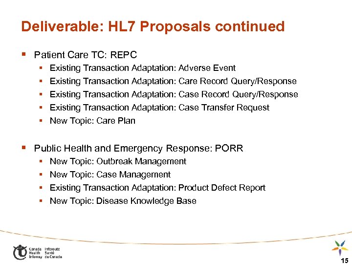 Deliverable: HL 7 Proposals continued § Patient Care TC: REPC § § § Existing