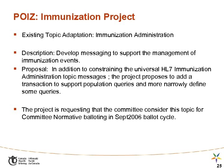 POIZ: Immunization Project § Existing Topic Adaptation: Immunization Administration § Description: Develop messaging to