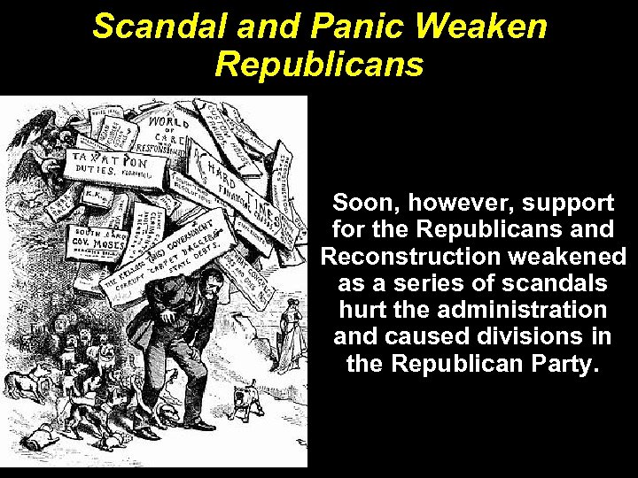 Scandal and Panic Weaken Republicans Soon, however, support for the Republicans and Reconstruction weakened