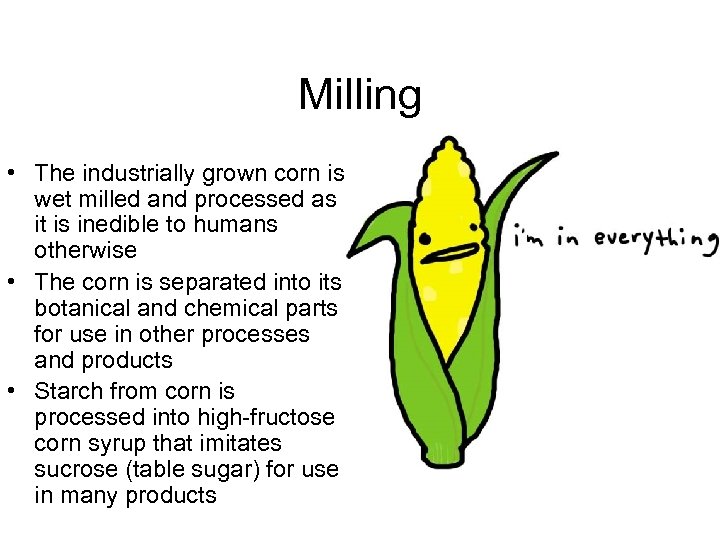 Milling • The industrially grown corn is wet milled and processed as it is