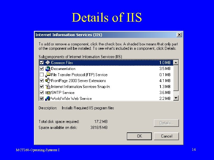Details of IIS MCT 260 -Operating Systems I 14 