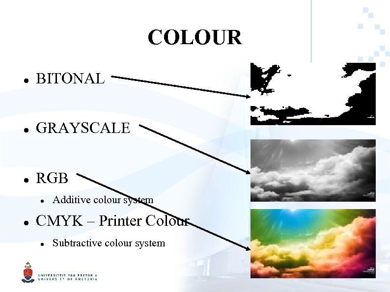 COLOUR BITONAL GRAYSCALE RGB Additive colour system CMYK – Printer Colour Subtractive colour system