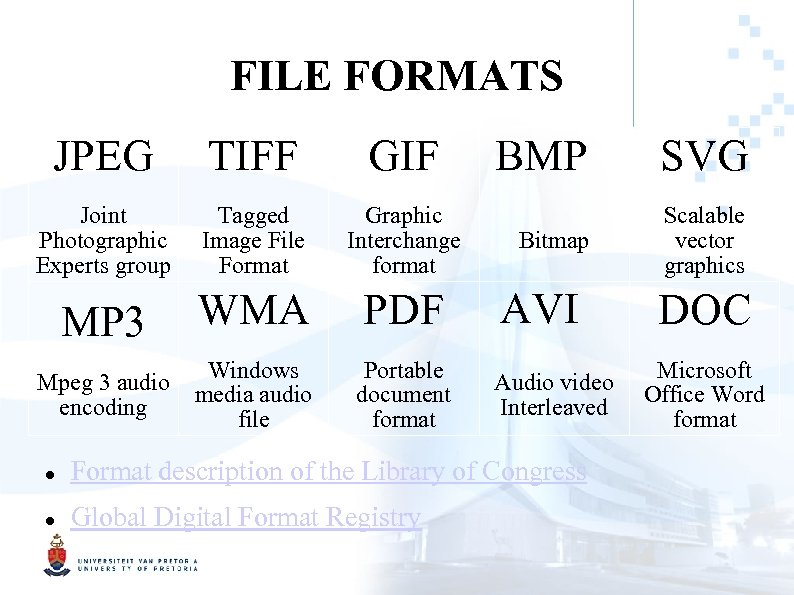 FILE FORMATS JPEG TIFF GIF Joint Photographic Experts group Tagged Image File Format Graphic