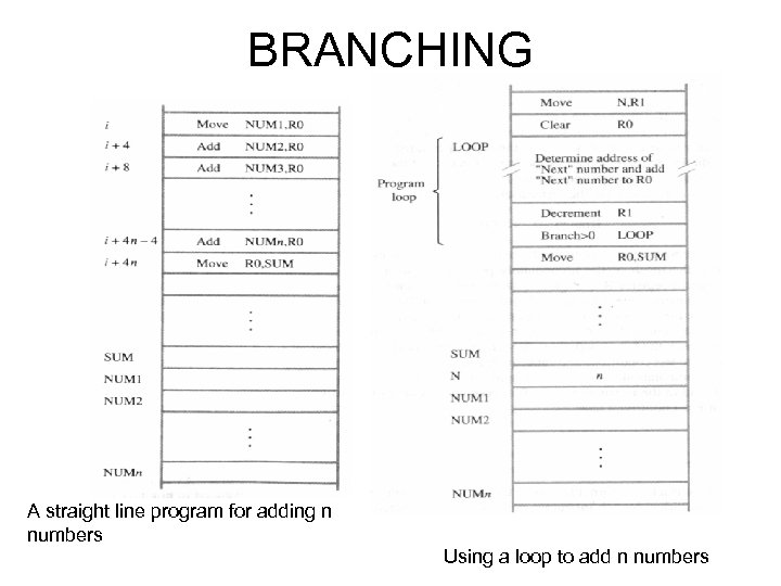 BRANCHING A straight line program for adding n numbers Using a loop to add