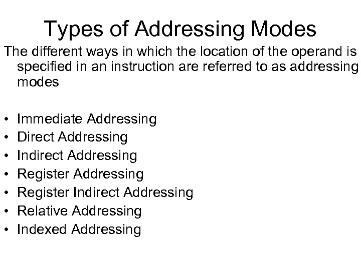Types of Addressing Modes The different ways in which the location of the operand