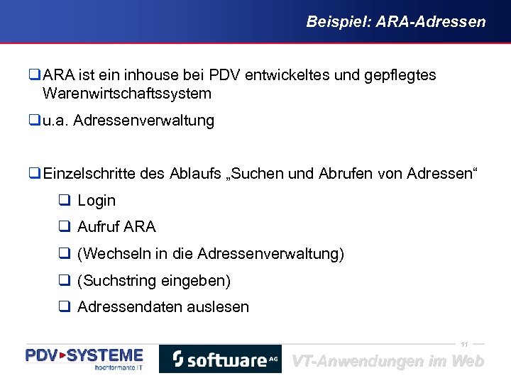 Beispiel: ARA-Adressen q ARA ist ein inhouse bei PDV entwickeltes und gepflegtes Warenwirtschaftssystem q