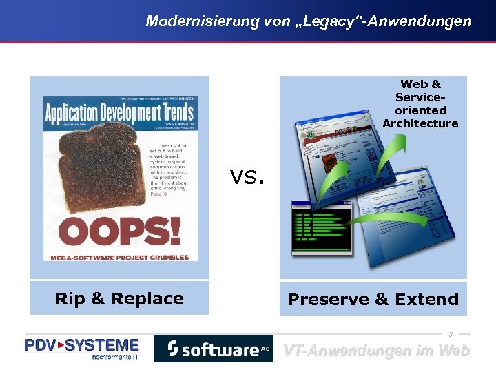 Modernisierung von „Legacy“-Anwendungen Web & Serviceoriented Architecture vs. Rip & Replace Preserve & Extend