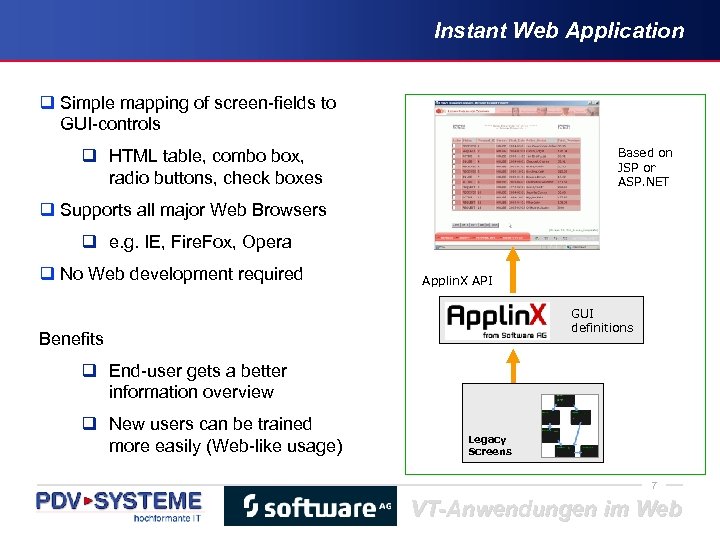 Instant Web Application q Simple mapping of screen-fields to GUI-controls Based on JSP or