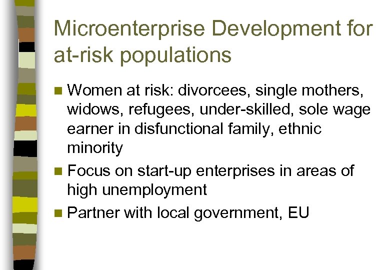 Microenterprise Development for at-risk populations n Women at risk: divorcees, single mothers, widows, refugees,