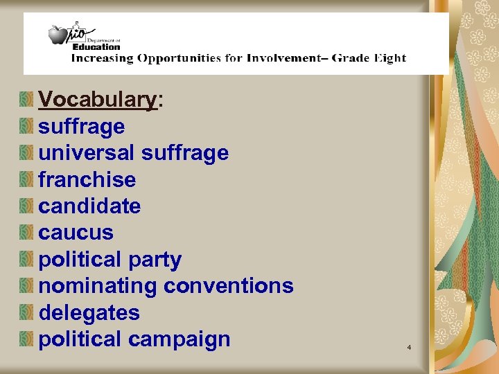 Vocabulary: suffrage universal suffrage franchise candidate caucus political party nominating conventions delegates political campaign