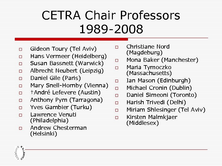 CETRA Chair Professors 1989 -2008 o o o Gideon Toury (Tel Aviv) Hans Vermeer