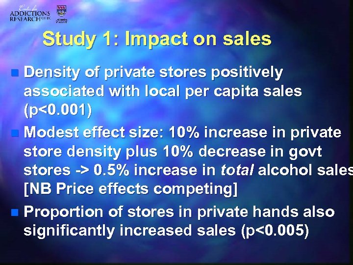 Study 1: Impact on sales Density of private stores positively associated with local per