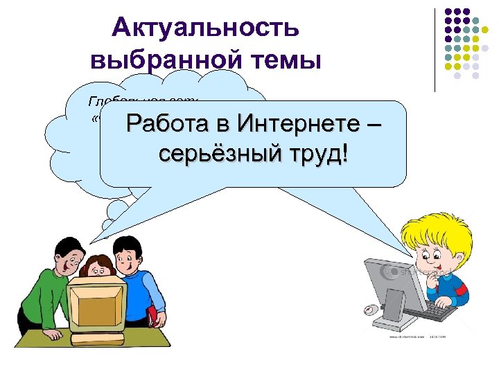 Актуальность выбранной темы Глобальная сеть – «чудо заморское» ! Работа в Интернете – Сайтысерьёзный