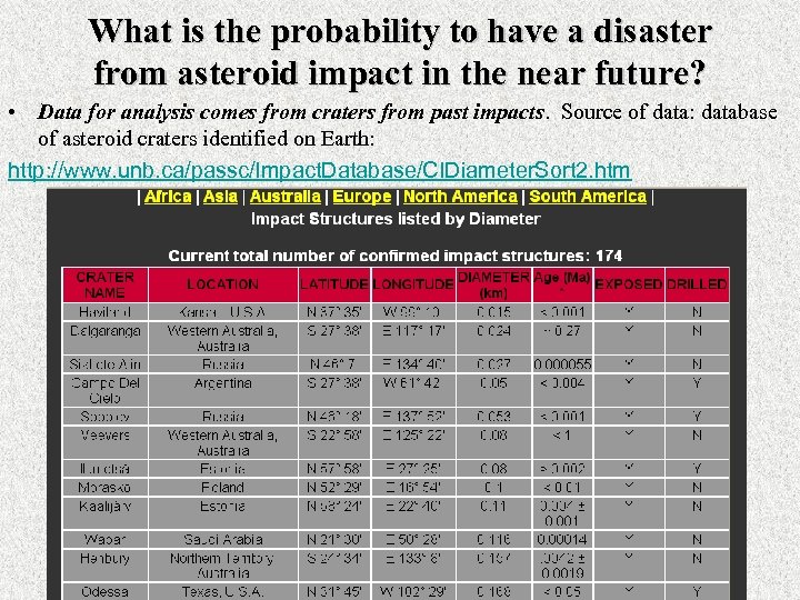 What is the probability to have a disaster from asteroid impact in the near