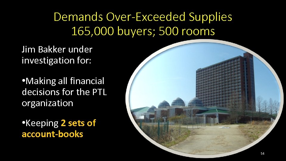 Demands Over-Exceeded Supplies 165, 000 buyers; 500 rooms Jim Bakker under investigation for: •