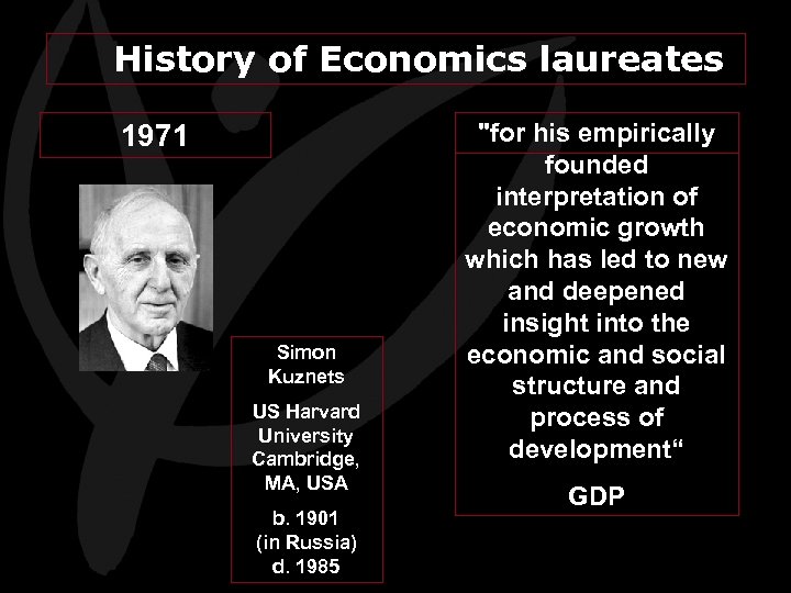 History of Economics laureates 1971 Simon Kuznets US Harvard University Cambridge, MA, USA b.