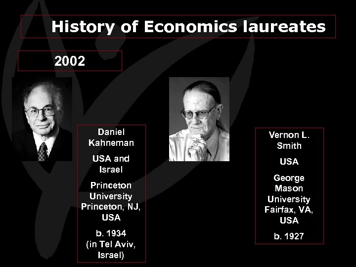 History of Economics laureates 2002 Daniel Kahneman Vernon L. Smith USA and Israel USA