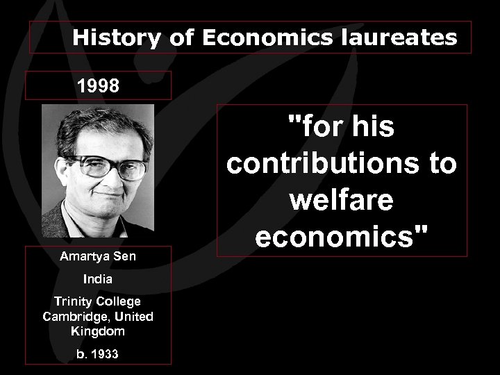 History of Economics laureates 1998 Amartya Sen India Trinity College Cambridge, United Kingdom b.