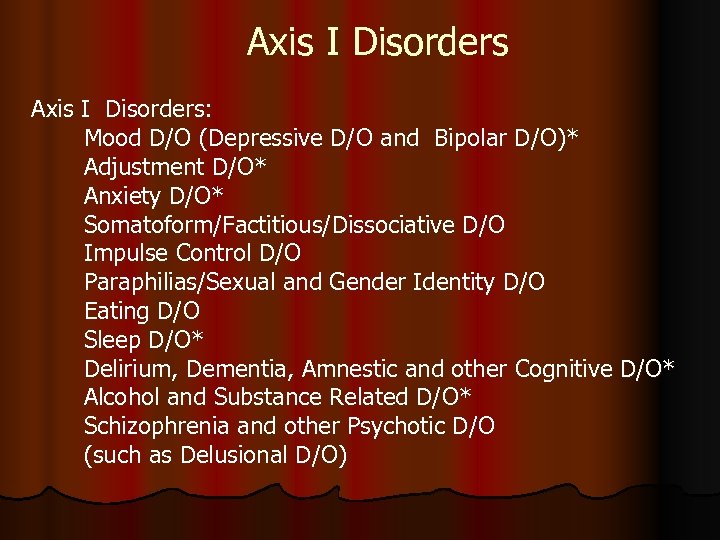 Axis I Disorders: Mood D/O (Depressive D/O and Bipolar D/O)* Adjustment D/O* Anxiety D/O*