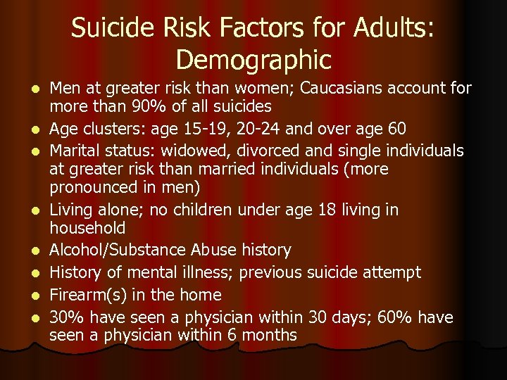 Suicide Risk Factors for Adults: Demographic l l l l Men at greater risk