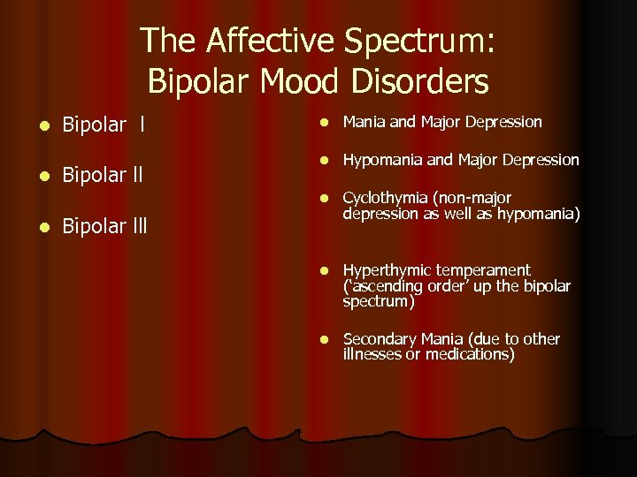 The Affective Spectrum: Bipolar Mood Disorders Bipolar l l l Bipolar ll l Mania