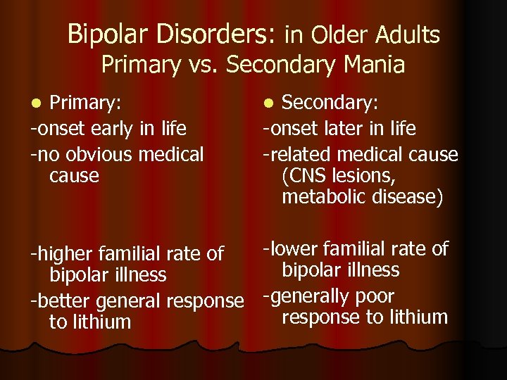Bipolar Disorders: in Older Adults Primary vs. Secondary Mania Primary: -onset early in life
