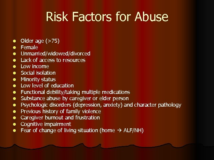 Risk Factors for Abuse l l l l Older age (>75) Female Unmarried/widowed/divorced Lack