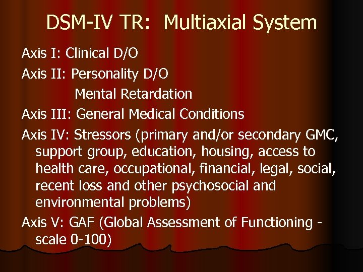 DSM-IV TR: Multiaxial System Axis I: Clinical D/O Axis II: Personality D/O Mental Retardation