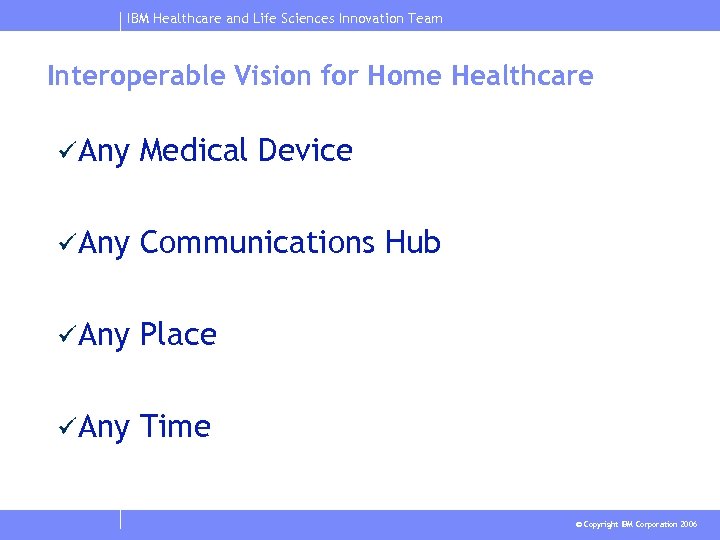 IBM Healthcare and Life Sciences Innovation Team Interoperable Vision for Home Healthcare üAny Medical