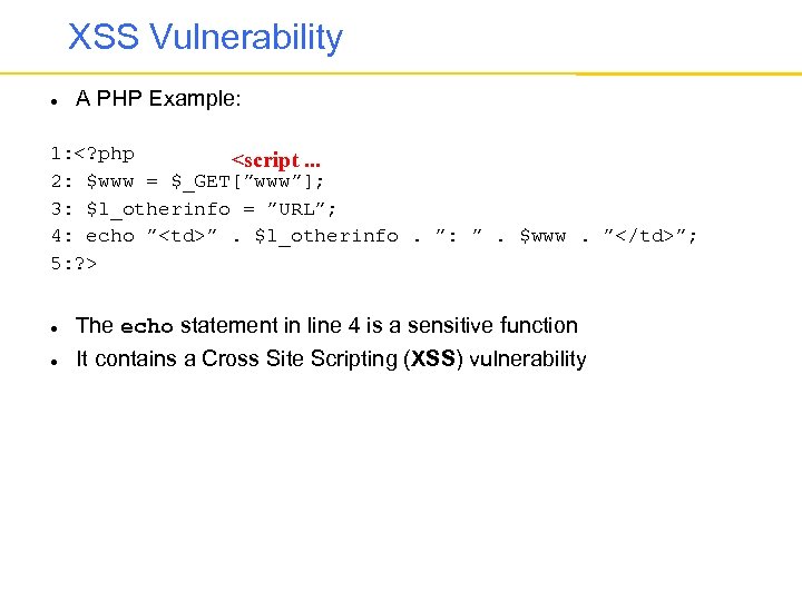 XSS Vulnerability A PHP Example: 1: <? php <script. . . 2: $www =