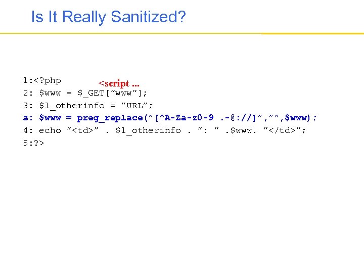 Is It Really Sanitized? 1: <? php <script. . . 2: $www = $_GET[”www”];