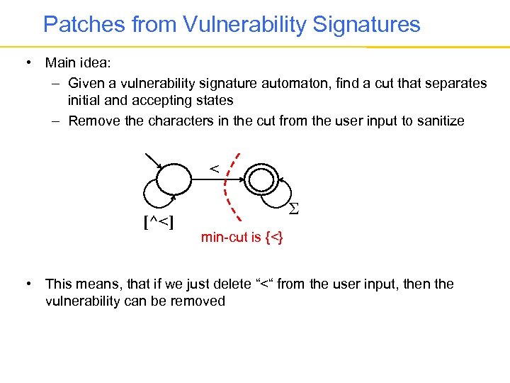 Patches from Vulnerability Signatures • Main idea: – Given a vulnerability signature automaton, find
