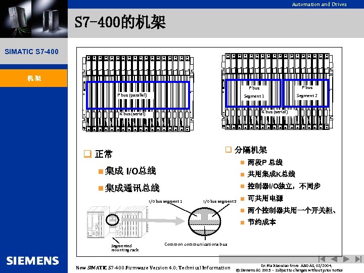 Automation and Drives S 7 -400的机架 SIMATIC S 7 -400 机架 P bus (parallel)