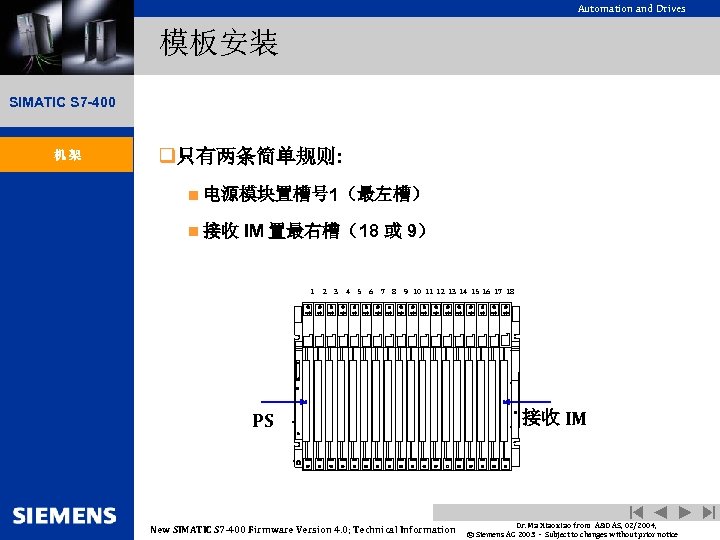 Automation and Drives 模板安装 SIMATIC S 7 -400 机架 q只有两条简单规则: n 电源模块置槽号 1（最左槽） n