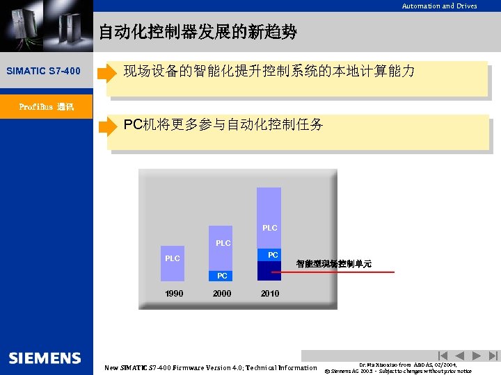 Automation and Drives 自动化控制器发展的新趋势 SIMATIC S 7 -400 现场设备的智能化提升控制系统的本地计算能力 Profi. Bus 通讯 PC机将更多参与自动化控制任务 PLC