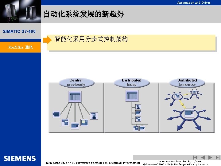 Automation and Drives 自动化系统发展的新趋势 SIMATIC S 7 -400 智能化采用分步式控制架构 Profi. Bus 通讯 Central previously