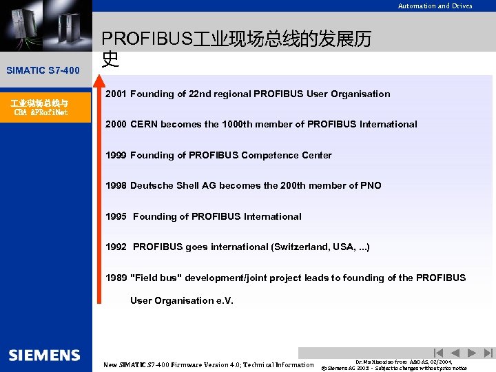 Automation and Drives SIMATIC S 7 -400 PROFIBUS 业现场总线的发展历 史 2001 Founding of 22