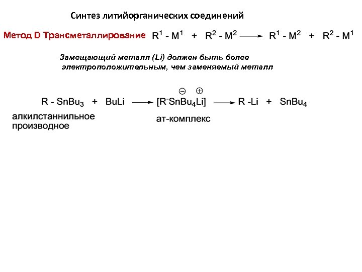 Синтез литийорганических соединений Метод D Трансметаллирование Замещающий металл (Li) должен быть более электроположительным, чем