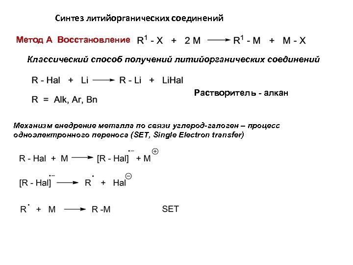 Синтез литийорганических соединений Метод А Восстановление Классический способ получений литийорганических соединений Растворитель - алкан
