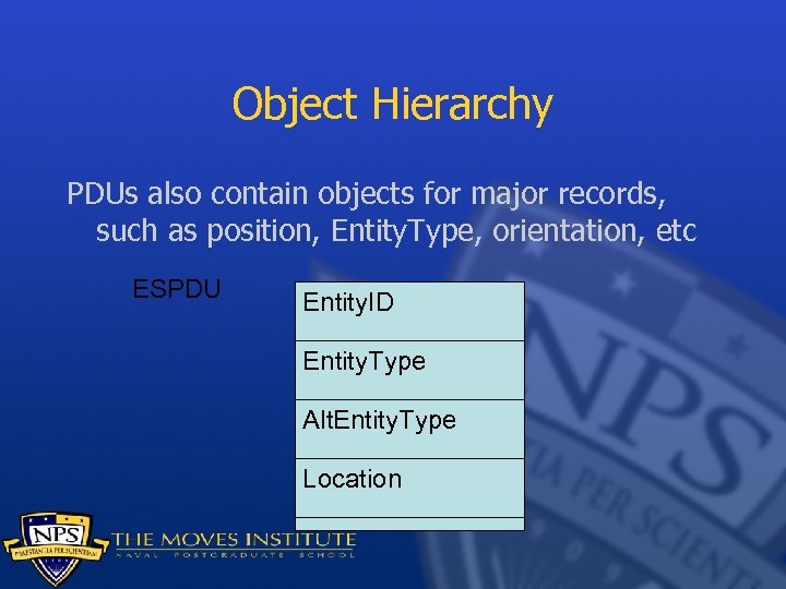Object Hierarchy PDUs also contain objects for major records, such as position, Entity. Type,