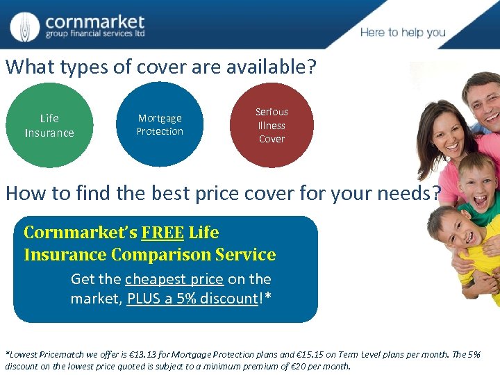 What types of cover are available? Life Insurance Mortgage Protection Serious Illness Cover How
