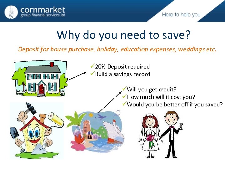 Why do you need to save? Deposit for house purchase, holiday, education expenses, weddings