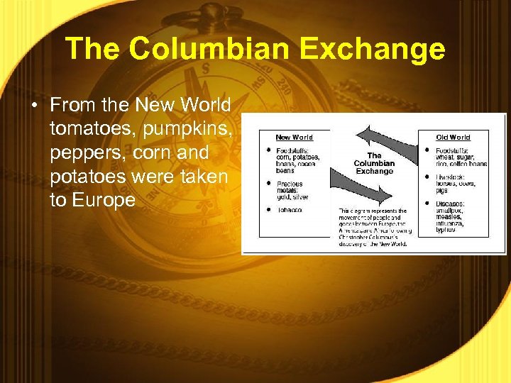 The Columbian Exchange • From the New World tomatoes, pumpkins, peppers, corn and potatoes