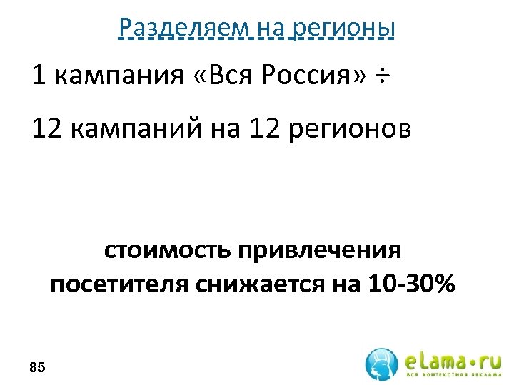 Разделяем на регионы 1 кампания «Вся Россия» ÷ 12 кампаний на 12 регионов стоимость