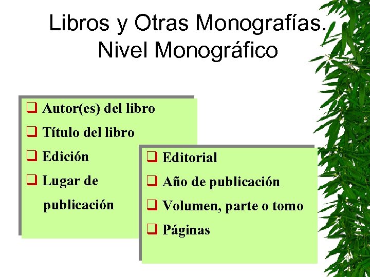 Libros y Otras Monografías. Nivel Monográfico q Autor(es) del libro q Título del libro