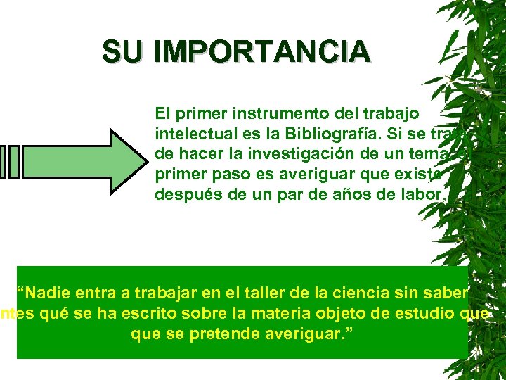  SU IMPORTANCIA El primer instrumento del trabajo intelectual es la Bibliografía. Si se