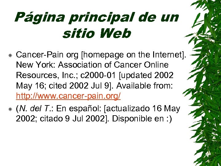 Página principal de un sitio Web Cancer-Pain org [homepage on the Internet]. New York: